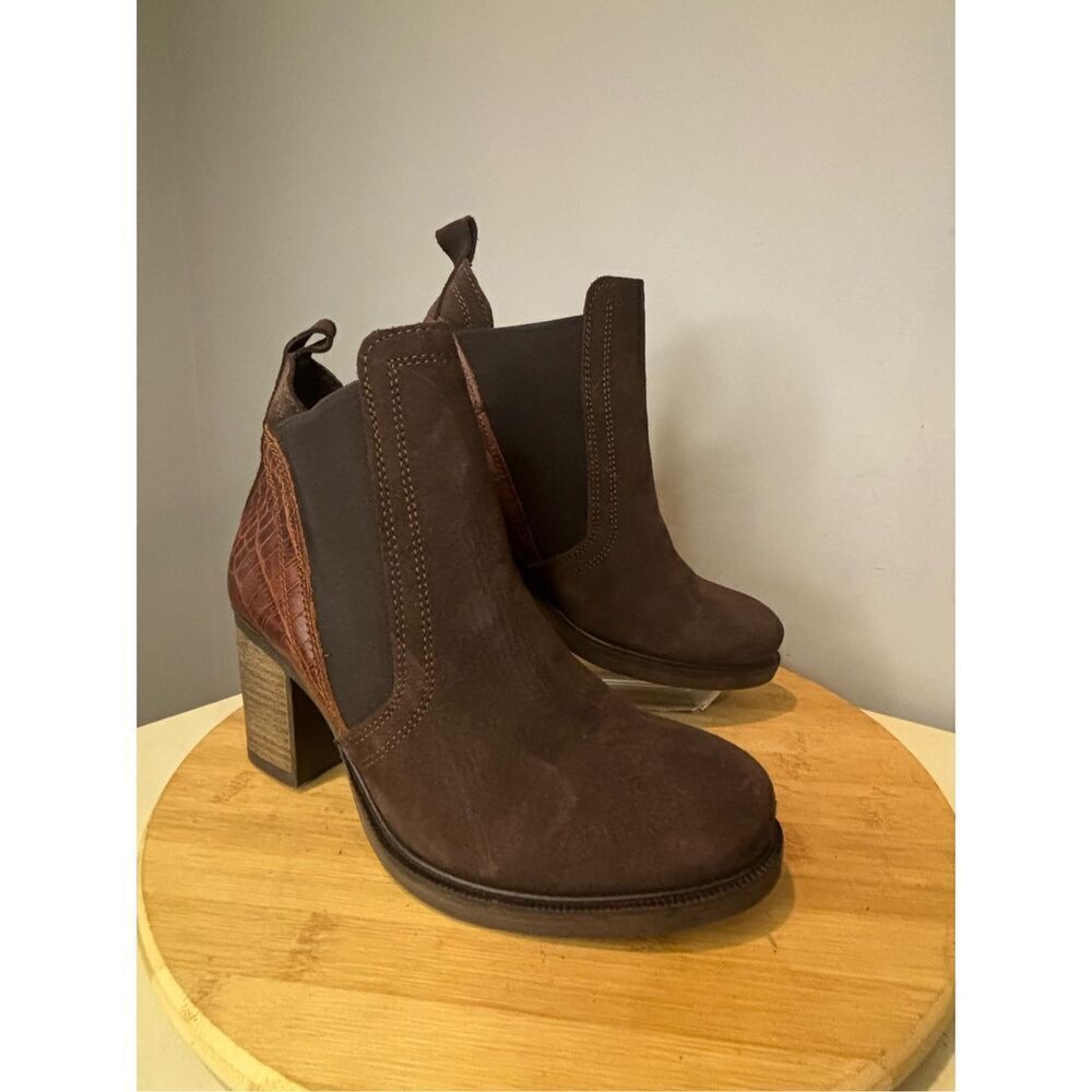 Bellini Women's Waterproof Suede Croc Block Heels Coffee Chelsea Boots‎ Sz 7-7.5